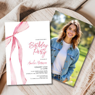 Rosa Bow Ribbon Photo Birthday Instagram Inbjudningar