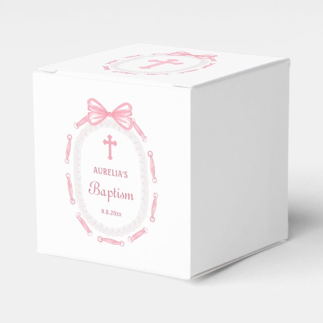 Rosa Bow Ribbon Ram Baptism Cube Presentaskar (Framsidan Sidan)