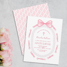 Rosa Bow Ribbon Ram Baptism Inbjudningar