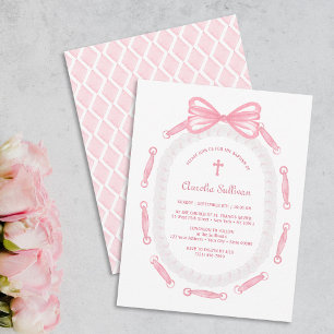 Rosa Bow Ribbon Ram Baptism Inbjudningar