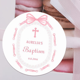 Rosa Bow Ribbon Ram Baptism Runt Klistermärke