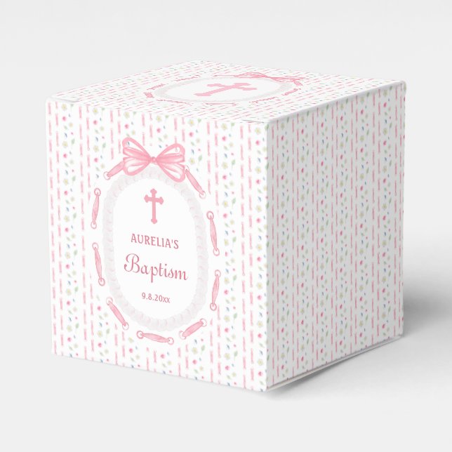 Rosa Bow Ribbon Ram Blommigt Baptism Cube Presentaskar (Framsidan Sidan)