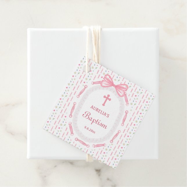 Rosa Bow Ribbon Ram Blommigt Baptism Gåvor Etiketter (På plats)