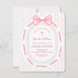 Rosa Bow Ribbon Ram Blommigt Baptism Inbjudningar