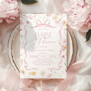 Rosa Bow ribbon ram Wildblomma Flicka Shower Inbjudningar