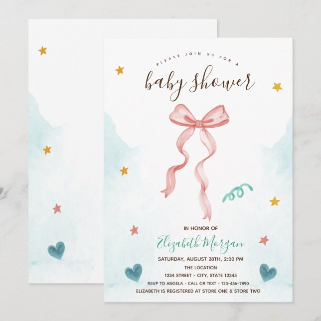 Rosa Bow Ribbon Stars Hearts Baby Shower Inbjudningar (Fram/baksida)