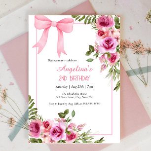 Rosa Bow Ro Blommigt Greenery Girls Birthday Inbjudningar