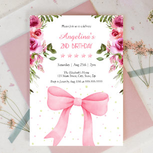 Rosa Bow Ro Blommigt Polka dots födelsedag Inbjudningar