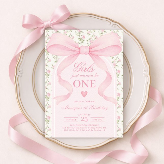 Rosa Bow Rose Flicka Vill Vara En 1-årsdag Inbjudningar (Skapare uppladdad)