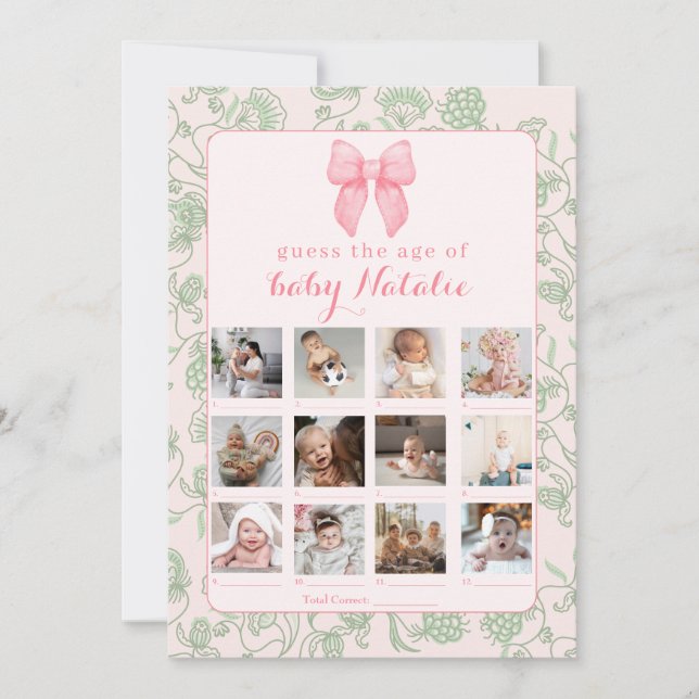 Rosa Bow Sage Grönt Flicka Shower Game Inbjudningar (Framsida)
