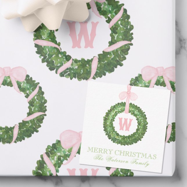 Rosa Bow Sash Jul Monogram för andningsskydd Anteckningskort (Skapare uppladdad)