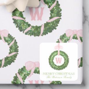 Rosa Bow Sash Jul Monogram för andningsskydd Fyrkantigt Klistermärke