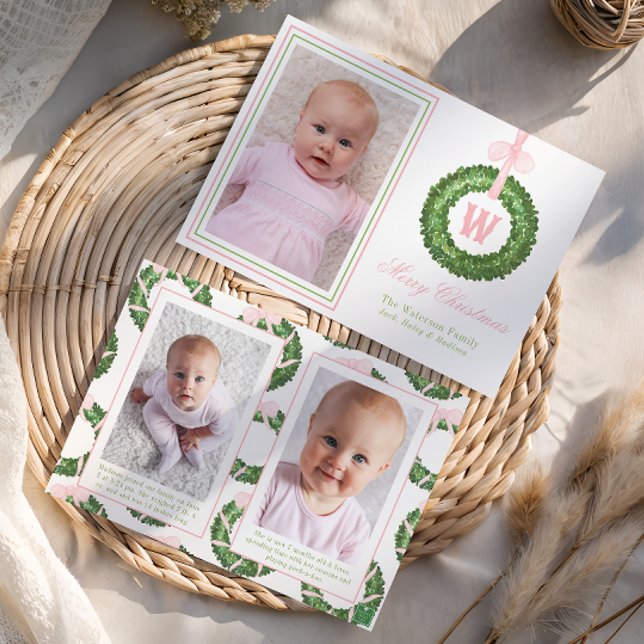 Rosa Bow Sash jul Monogram Utandning Julkort (Skapare uppladdad)