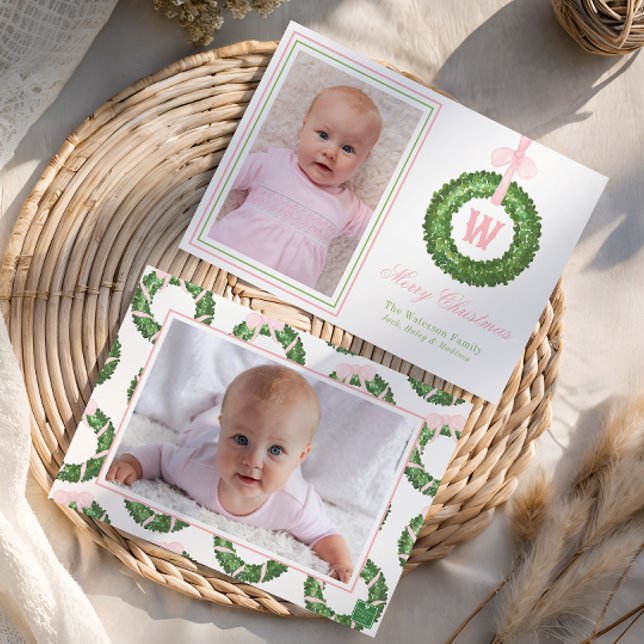 Rosa Bow Sash jul Monogram Utandning Julkort (Skapare uppladdad)