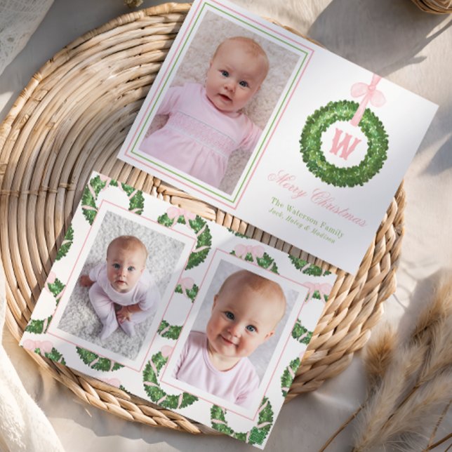 Rosa Bow Sash jul Monogram Utandning Julkort (Skapare uppladdad)