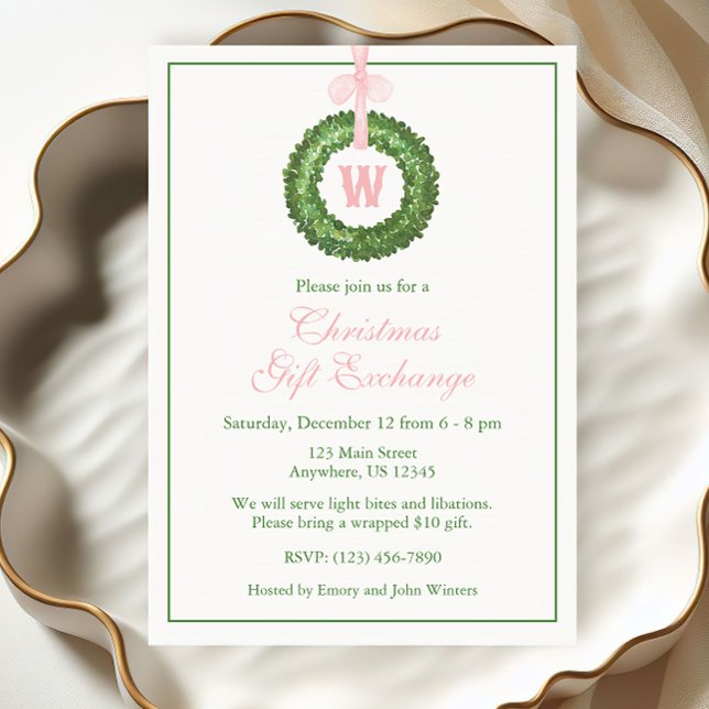 Rosa Bow Sash jul Monogram Utandning Party Inbjudningar (Skapare uppladdad)