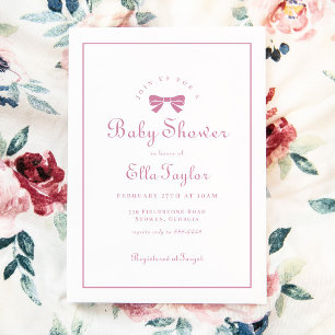 Rosa Bow Simple Elegant Girl Baby Shower Inbjudningar