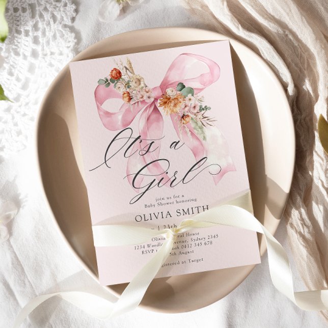 Rosa Bow sin Blommigt Baby Shower Inbjudningar (Skapare uppladdad)