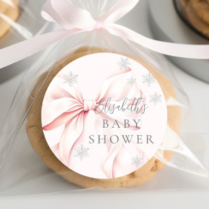 Rosa Bow Snöflingor Baby Shower Runt Klistermärke