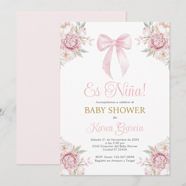 Rosa Bow Spain Baby Shower Girl Inbjudningar (Fram/baksida)