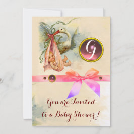 ROSA BOW STORK GIRL BABY SHOWER GEMSTONE MONOGRAM INBJUDNINGAR