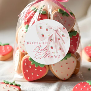 Rosa Bow Strawbär Baby Shower Runt Klistermärke