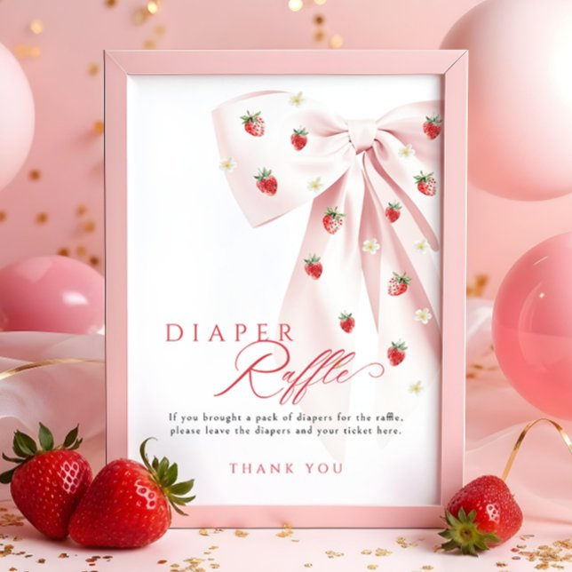 Rosa Bow Strawberry Baby Shower Diaper Raffle Sign Poster (Skapare uppladdad)