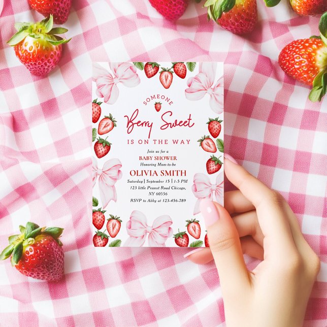 Rosa Bow Strawberry Baby Shower-inbjudan flicka Tack Kort (Skapare uppladdad)