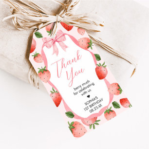 Rosa Bow Strawberry Berry First Birthday Favag Tag Presentetikett