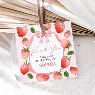 Rosa Bow Strawberry Berry First Birthday Square Gåvor Etiketter