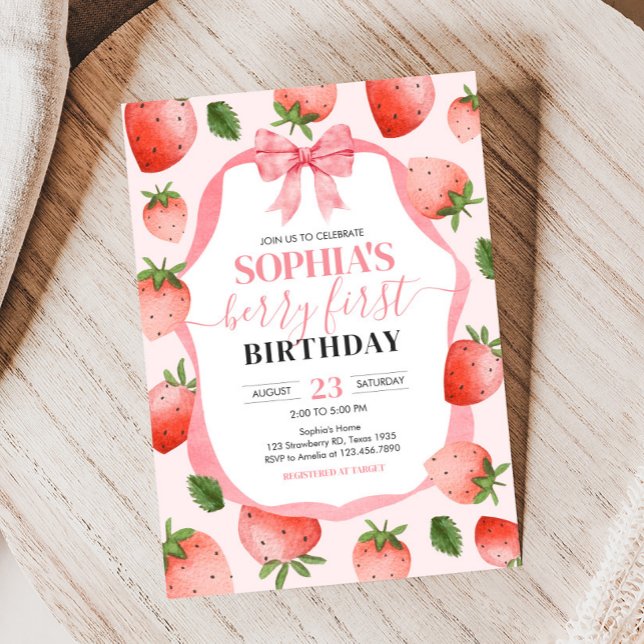 Rosa Bow Strawberry Berry Första Födelsedagsfesten Inbjudningar (Pink Coquette Strawberry Berry First Birthday Party Invitation)