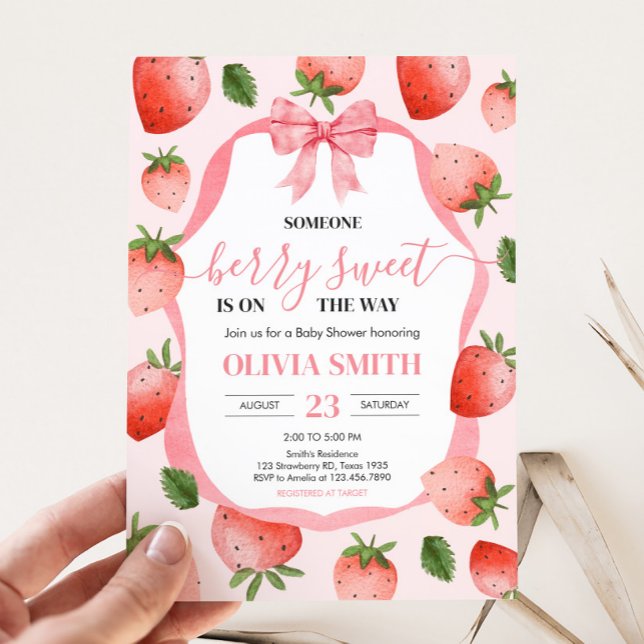 Rosa Bow Strawberry Berry Sweet Baby Shower Inbjudningar (Pink Coquette Strawberry Berry Sweet Birthday Party Invitation)