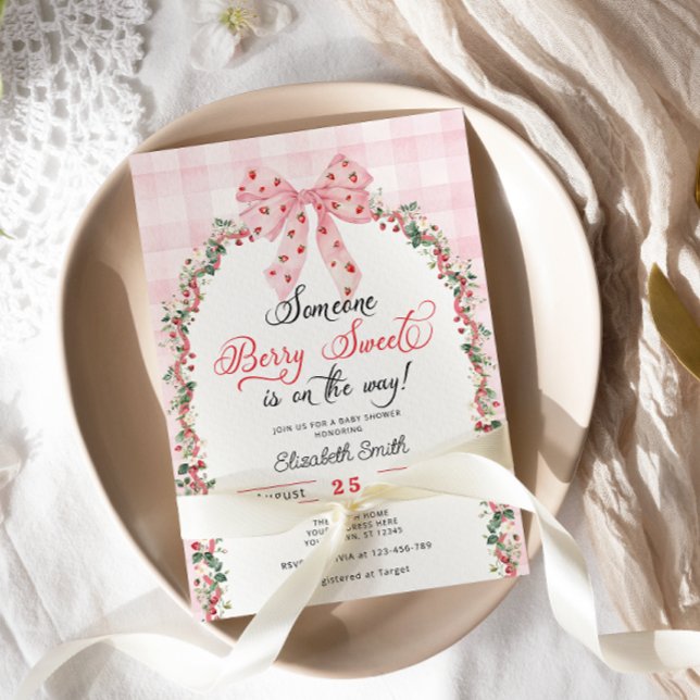 Rosa Bow Strawberry Berry Sweet Girl Baby Shower Inbjudningar (Skapare uppladdad)