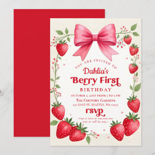 Rosa Bow Strawberry Birthday Berry Första födelsed Inbjudningar