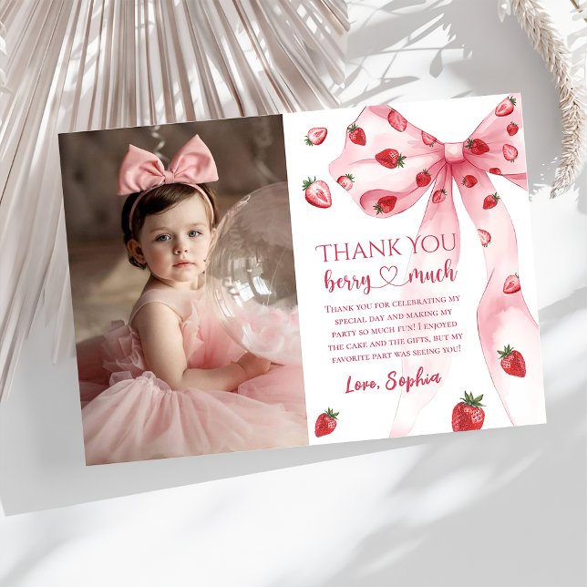Rosa Bow Strawberry Birthday Photo Tackyou Card Tack Kort (Skapare uppladdad)