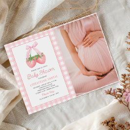 Rosa Bow Strawberry Girl Baby Shower Photo Inbjudningar