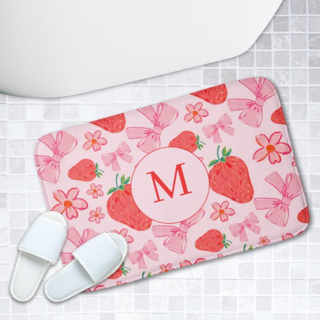 Rosa Bow & Strawberry Girly Monogram Bath Mat Badrumsmatta (Pink Bow & Strawberry Girly Monogram Bath Mat
)