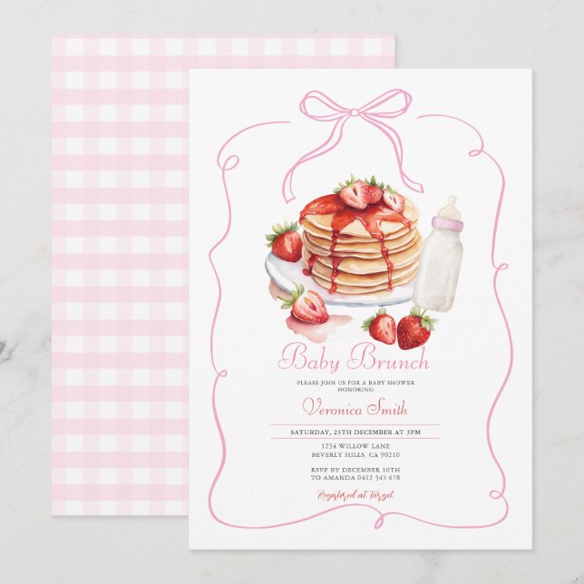 Rosa Bow Strawberry Pancake Baby Brunch Inbjudningar (Fram/baksida)