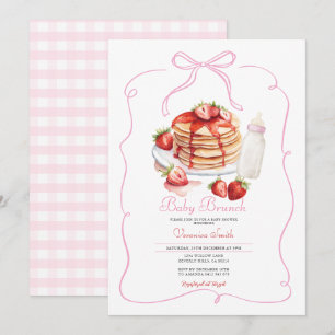 Rosa Bow Strawberry Pancake Baby Brunch Inbjudningar