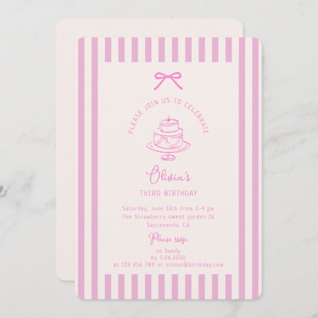 Rosa Bow, stripe Rosa | Lilans födelsedag Inbjudningar (Fram/baksida)