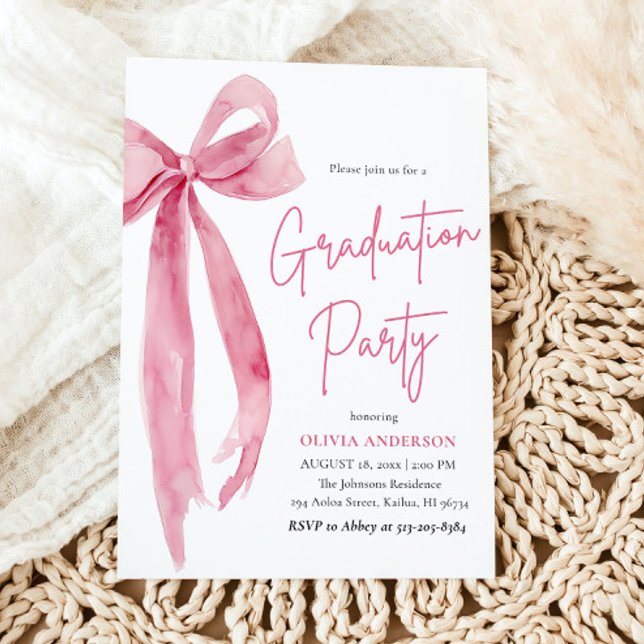 Rosa Bow Studenten i Trendiget för modern Elegant Inbjudningar (Modern Elegant Trendy Stylish Pink Bow Graduation Invitation)