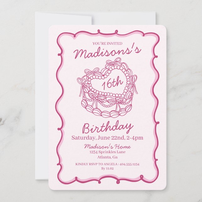 Rosa Bow Sweet 16 Heart Coquette Cake Birthday Inbjudningar (Framsida)
