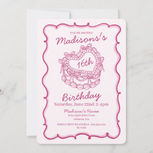 Rosa Bow Sweet 16 Heart Coquette Cake Birthday Inbjudningar