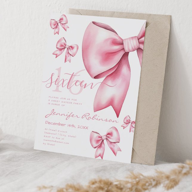  Rosa Bow Sweet 16 Inbjudningar (Cute Coquette Blush Pink Bow Sweet 16 Invitation)