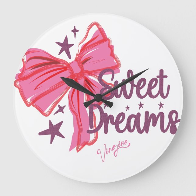 Rosa Bow "Sweet Dreams" Glitter Typography Stor Klocka (Framsida)