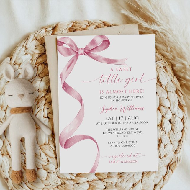 Rosa Bow Sweet Little Girl Baby Shower-inbjudan Inbjudningar (Skapare uppladdad)