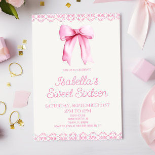 Rosa Bow Sweet sixteen 16:e Födelsedagsfesten Inbjudningar