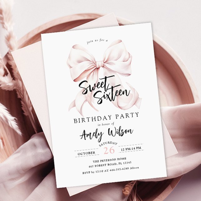 Rosa Bow Sweet sixteen Birthday-inbjudan Inbjudningar (Skapare uppladdad)