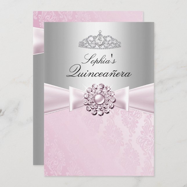 Rosa Bow & Tiara Quinceanera Annocements Inbjudningar (Fram/baksida)