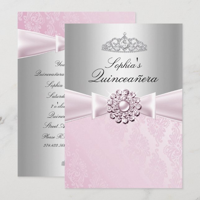 Rosa Bow & Tiara Quinceanera-kort Inbjudningar (Fram/baksida)